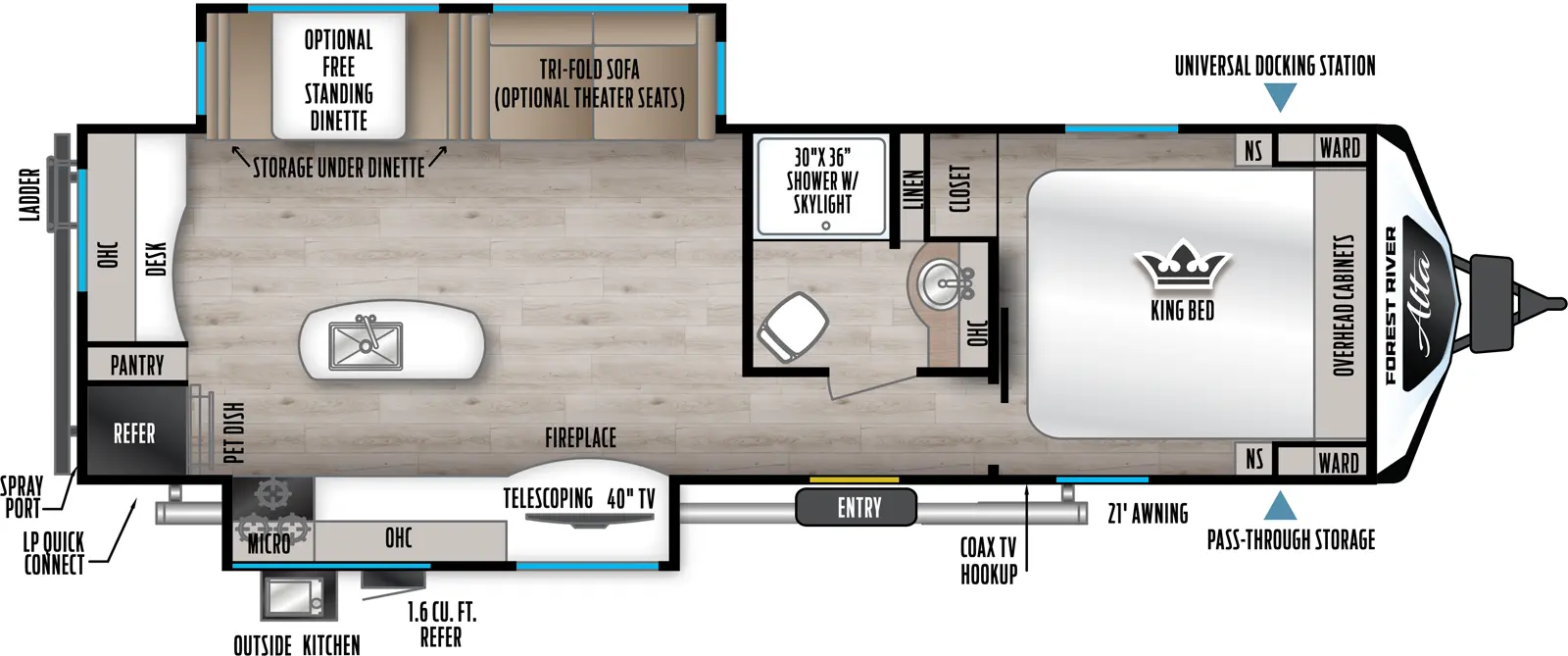 Has a super slide on the off-door-side with a booth and sleeper sofa that can be optioned with theater seats IPO the sofa or table and chairs IPO the booth as well as a kitchen slide on the door-side of the unit. There is one entry about mid-way down on the awning or door-side of the unit. Layout from front to back:  there is a King size bed that runs north and south with an bedroom door that’s on the far left or door-side of the bedroom. It leads into a hall with a side isle bath to the right with a 30x36 shower with linen storage next to it, a vanity and porcelain toilet. Continuing down the hall from the bedroom  toward the rear of the unit is the entry on the door-side followed by the living area / kitchen. To the right or the off-door side is the super slide. In the center is a kitchen island with a sink. On the door-side past the entry is the kitchen slide with a TV and fireplace below followed by kitchen cabinets with overheads with a range and microwave above which ends in the rear door-side corner of the unit. Across the back is the refer, pantry and storage. In the rear off-door side is a small desk area.


